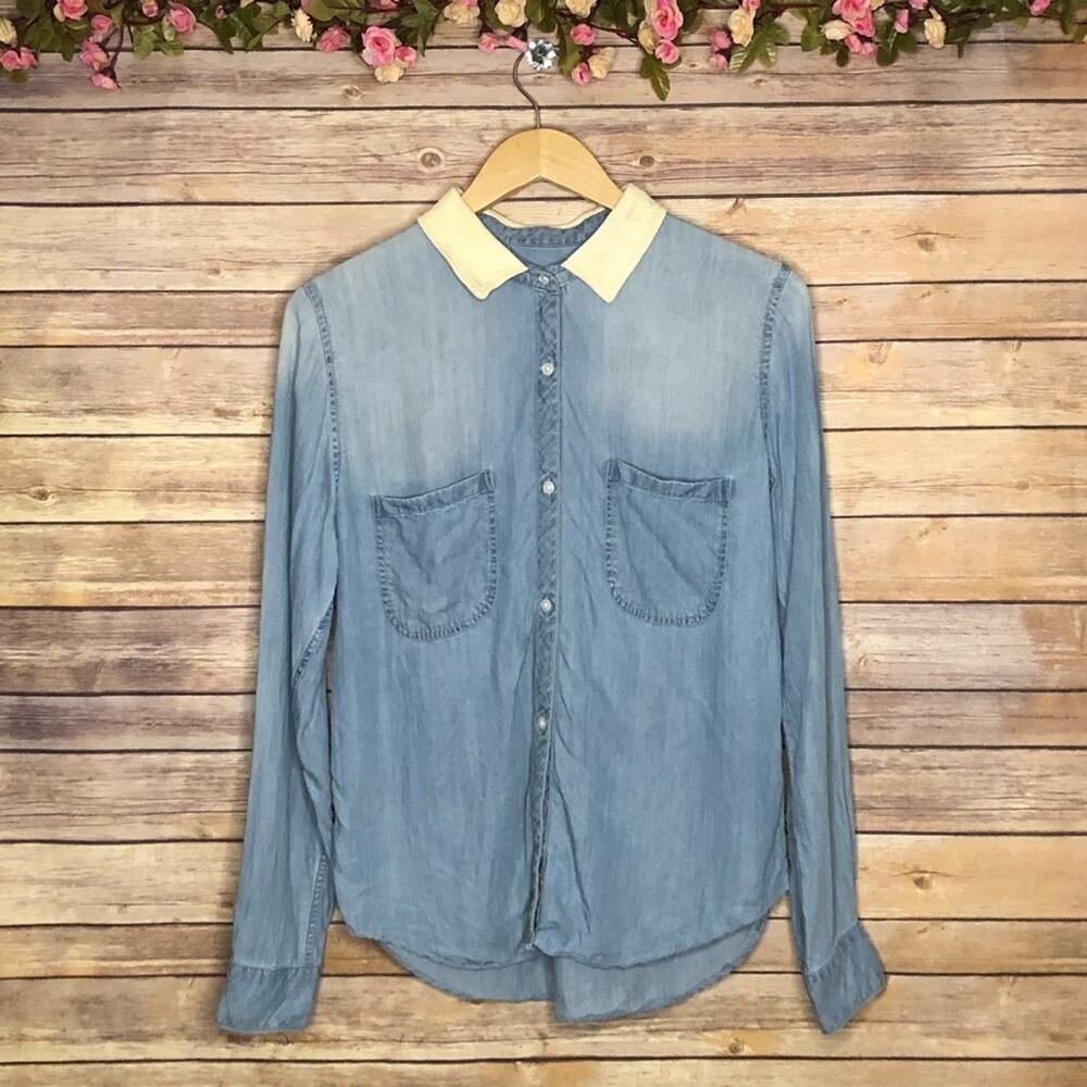 Rails Chambray Faux Leather Textured Collar Top